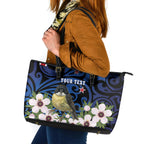 Tomtit New Zealand Personalised Leather Tote Bag Miromiro Manuka Flower Maori Pattern
