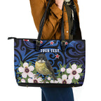 Tomtit New Zealand Personalised Leather Tote Bag Miromiro Manuka Flower Maori Pattern