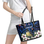 Tomtit New Zealand Personalised Leather Tote Bag Miromiro Manuka Flower Maori Pattern