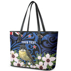 Tomtit New Zealand Personalised Leather Tote Bag Miromiro Manuka Flower Maori Pattern