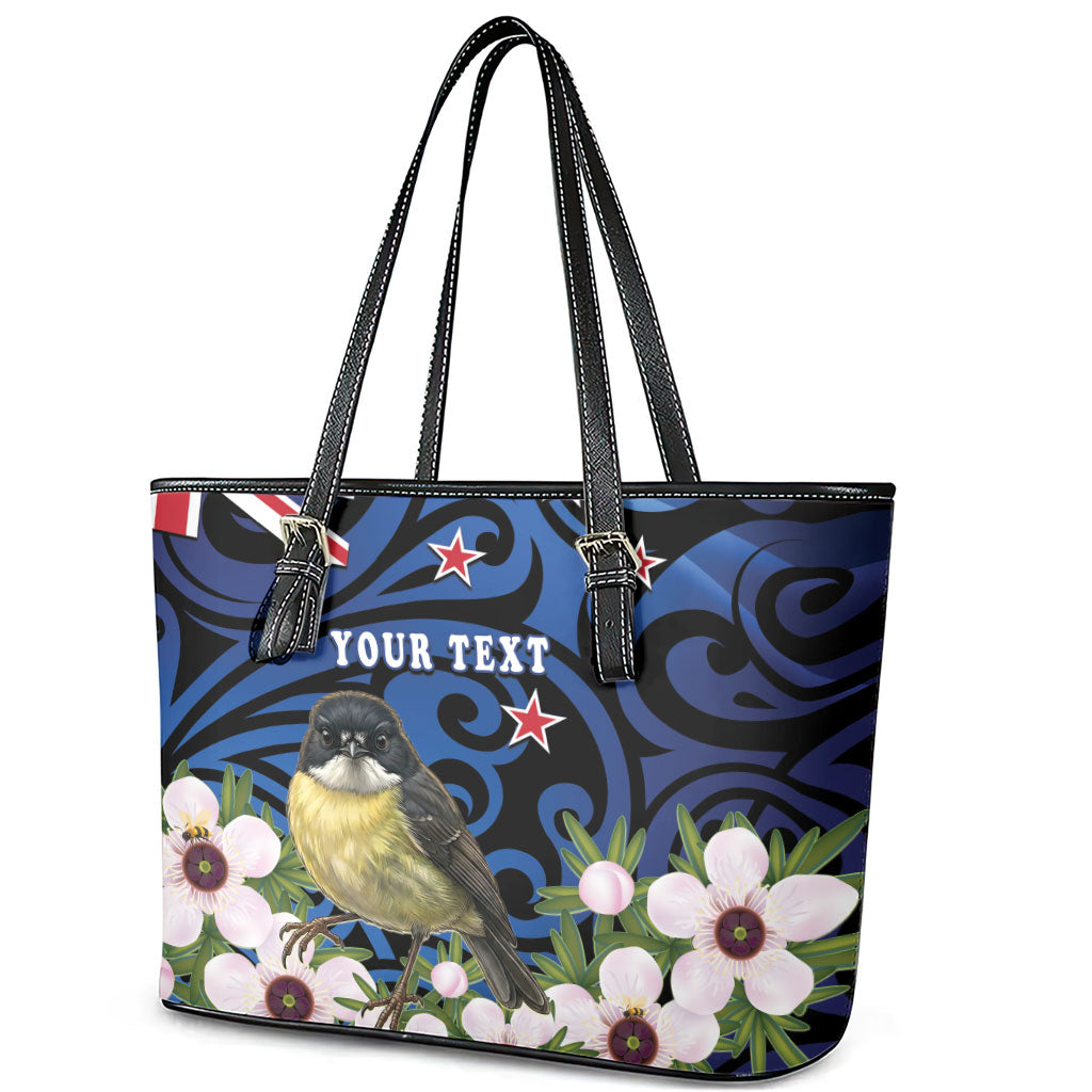 Tomtit New Zealand Personalised Leather Tote Bag Miromiro Manuka Flower Maori Pattern