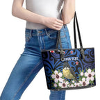 Tomtit New Zealand Personalised Leather Tote Bag Miromiro Manuka Flower Maori Pattern