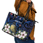 Tomtit New Zealand Personalised Leather Tote Bag Miromiro Manuka Flower Maori Pattern