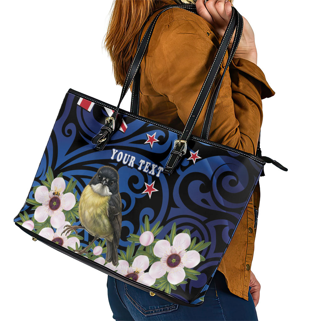 Tomtit New Zealand Personalised Leather Tote Bag Miromiro Manuka Flower Maori Pattern