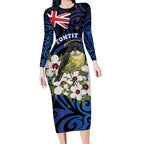 Tomtit New Zealand Personalised Long Sleeve Bodycon Dress Miromiro Manuka Flower Maori Pattern