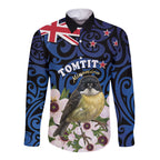 Tomtit New Zealand Personalised Long Sleeve Button Shirt Miromiro Manuka Flower Maori Pattern