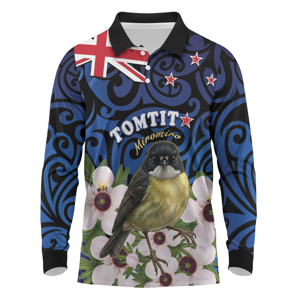 Tomtit New Zealand Personalised Long Sleeve Polo Shirt Miromiro Manuka Flower Maori Pattern