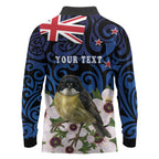 Tomtit New Zealand Personalised Long Sleeve Polo Shirt Miromiro Manuka Flower Maori Pattern