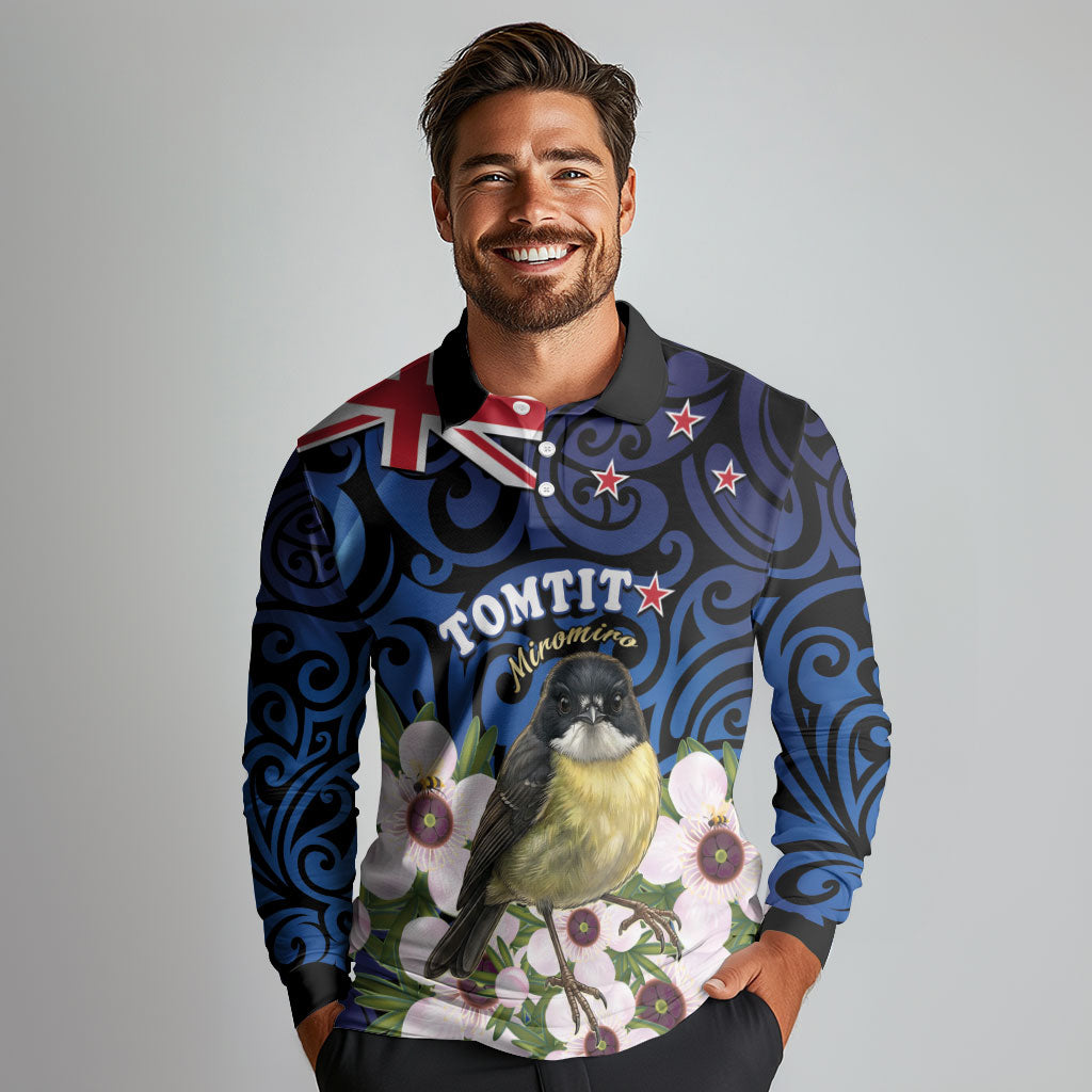 Tomtit New Zealand Personalised Long Sleeve Polo Shirt Miromiro Manuka Flower Maori Pattern