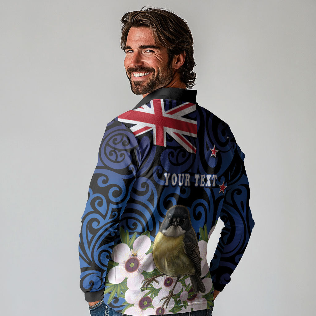 Tomtit New Zealand Personalised Long Sleeve Polo Shirt Miromiro Manuka Flower Maori Pattern