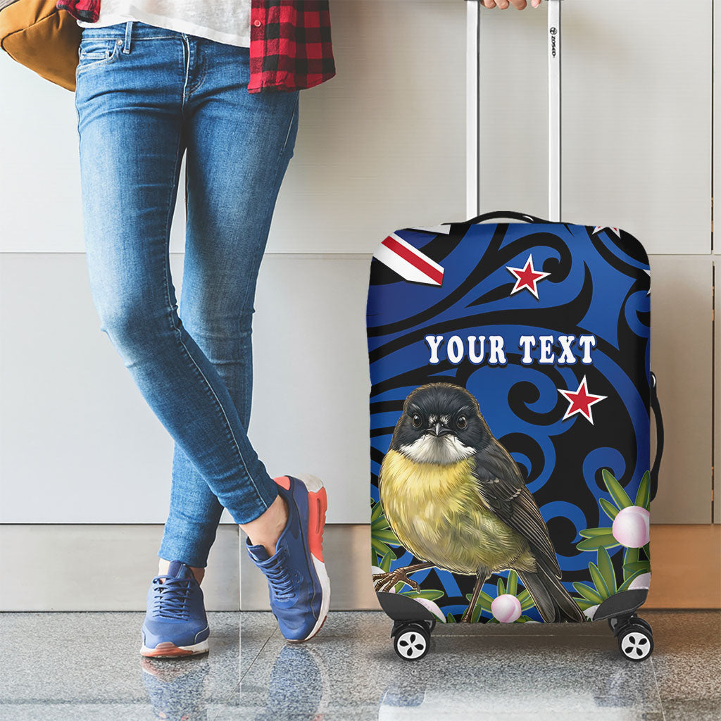 Tomtit New Zealand Personalised Luggage Cover Miromiro Manuka Flower Maori Pattern