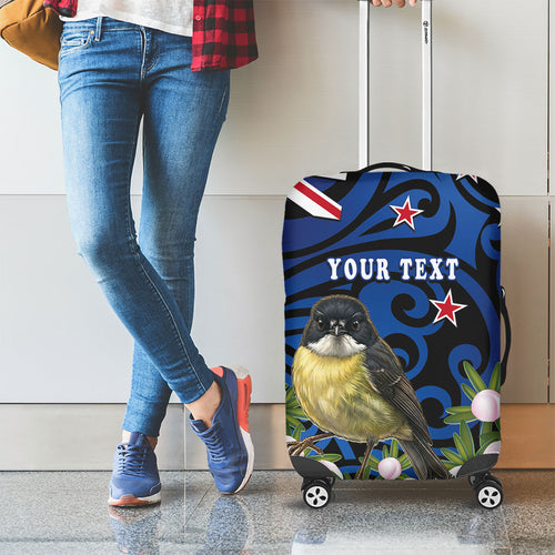 Tomtit New Zealand Personalised Luggage Cover Miromiro Manuka Flower Maori Pattern