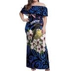 Tomtit New Zealand Personalised Off Shoulder Maxi Dress Miromiro Manuka Flower Maori Pattern