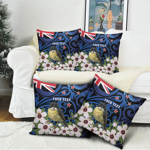 Tomtit New Zealand Personalised Pillow Cover Miromiro Manuka Flower Maori Pattern