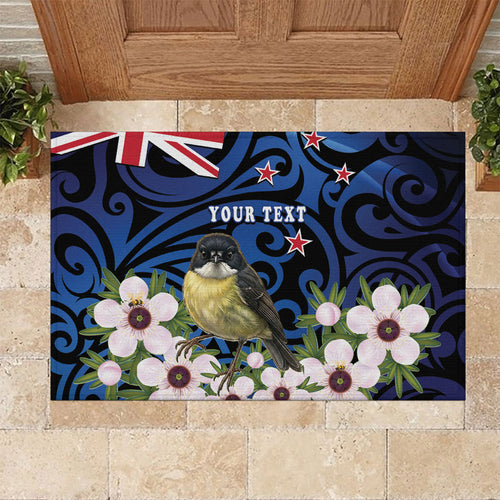 Tomtit New Zealand Personalised Rubber Doormat Miromiro Manuka Flower Maori Pattern