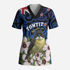 Tomtit New Zealand Personalised Scrub Top Miromiro Manuka Flower Maori Pattern