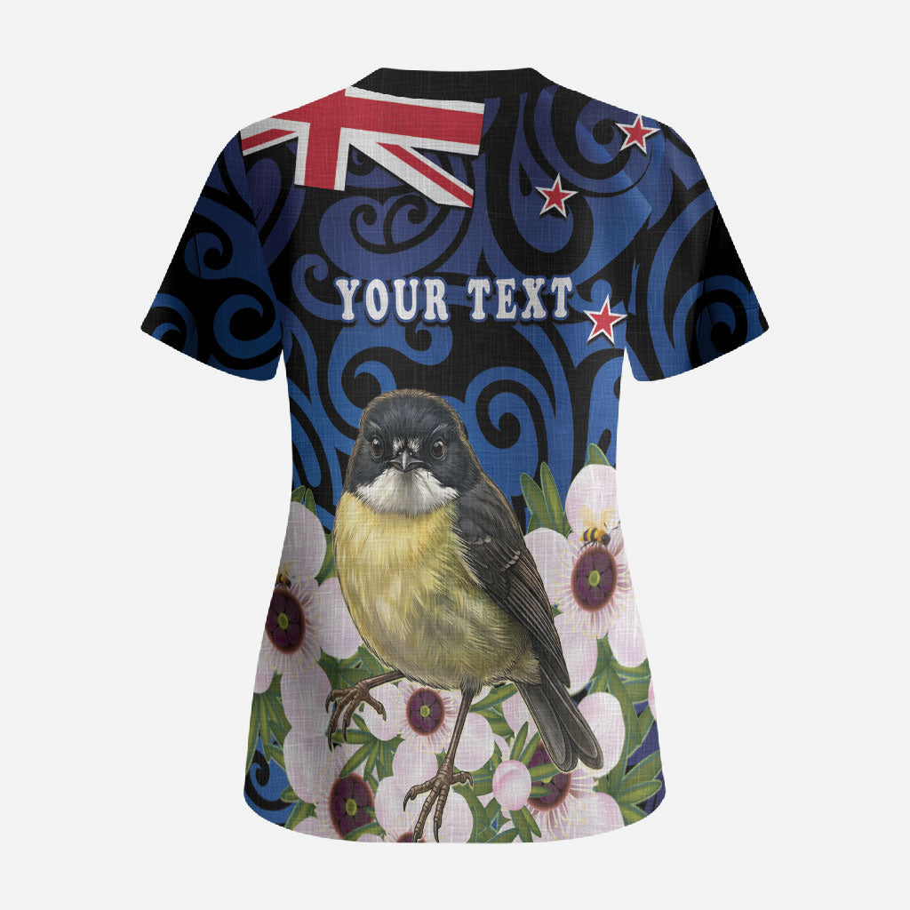 Tomtit New Zealand Personalised Scrub Top Miromiro Manuka Flower Maori Pattern