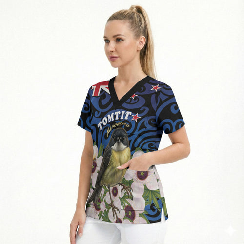 Tomtit New Zealand Personalised Scrub Top Miromiro Manuka Flower Maori Pattern