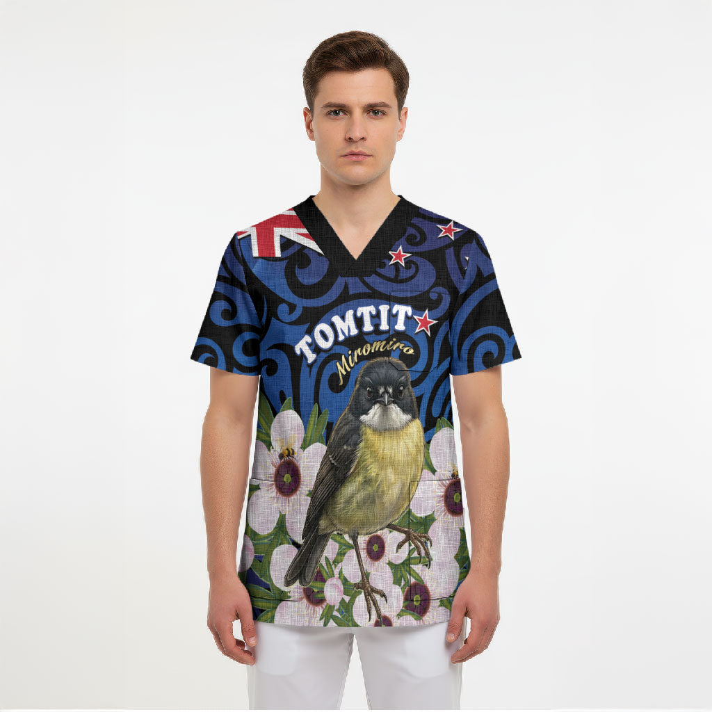 Tomtit New Zealand Personalised Scrub Top Miromiro Manuka Flower Maori Pattern
