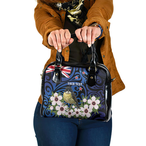 Tomtit New Zealand Personalised Shoulder Handbag Miromiro Manuka Flower Maori Pattern