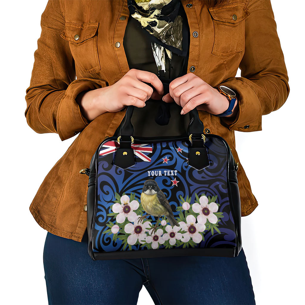 Tomtit New Zealand Personalised Shoulder Handbag Miromiro Manuka Flower Maori Pattern