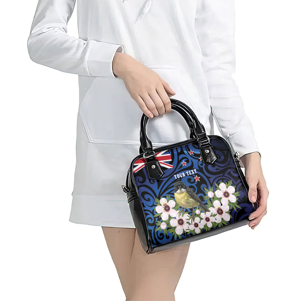 Tomtit New Zealand Personalised Shoulder Handbag Miromiro Manuka Flower Maori Pattern