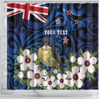 Tomtit New Zealand Personalised Shower Curtain Miromiro Manuka Flower Maori Pattern