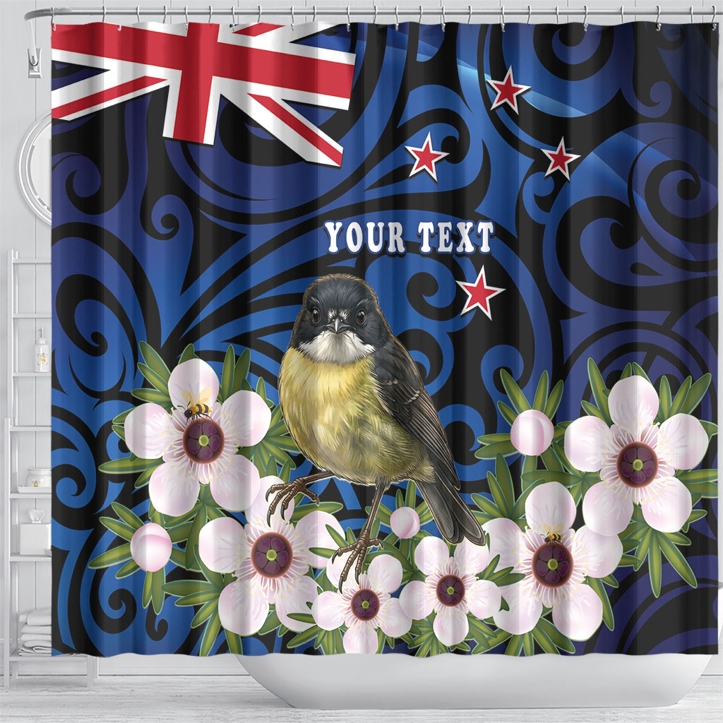 Tomtit New Zealand Personalised Shower Curtain Miromiro Manuka Flower Maori Pattern