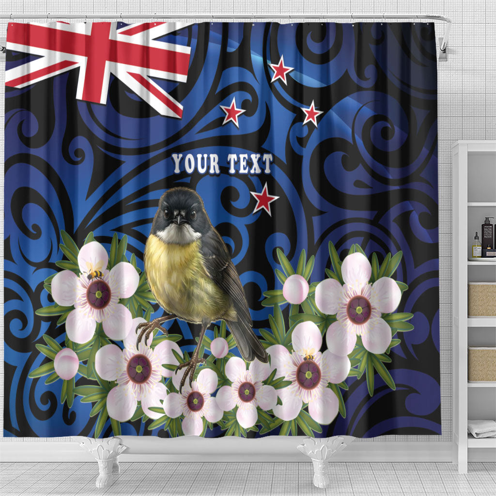 Tomtit New Zealand Personalised Shower Curtain Miromiro Manuka Flower Maori Pattern