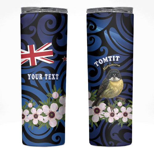 Tomtit New Zealand Personalised Skinny Tumbler Miromiro Manuka Flower Maori Pattern