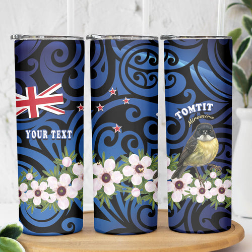Tomtit New Zealand Personalised Skinny Tumbler Miromiro Manuka Flower Maori Pattern