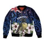 Tomtit New Zealand Personalised Sleeve Zip Bomber Jacket Miromiro Manuka Flower Maori Pattern