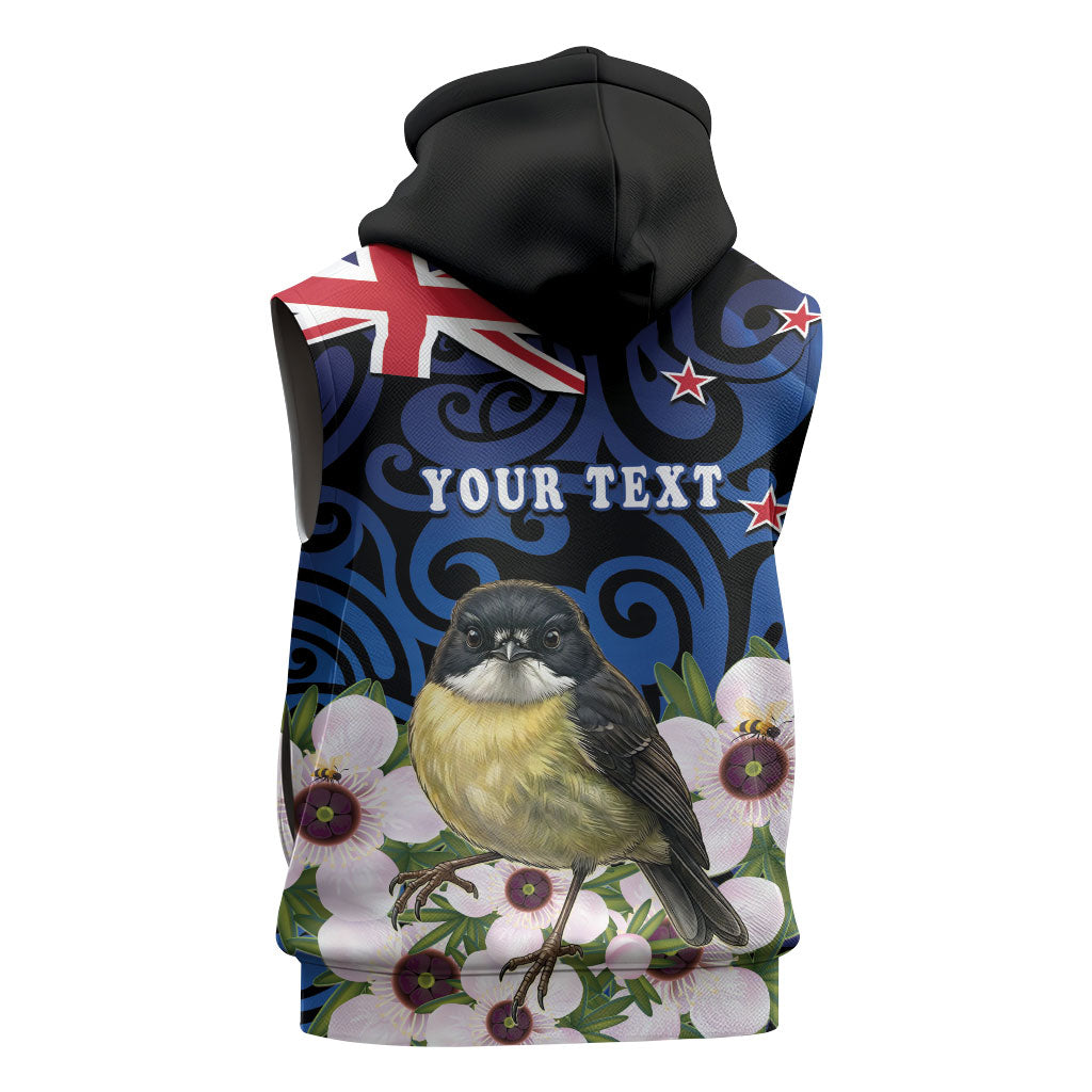 Tomtit New Zealand Personalised Sleeveless Hoodie Miromiro Manuka Flower Maori Pattern