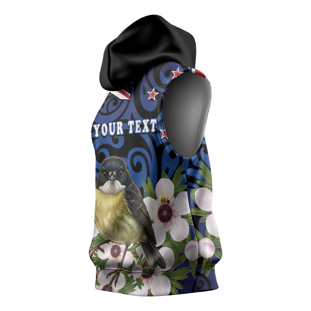 Tomtit New Zealand Personalised Sleeveless Hoodie Miromiro Manuka Flower Maori Pattern