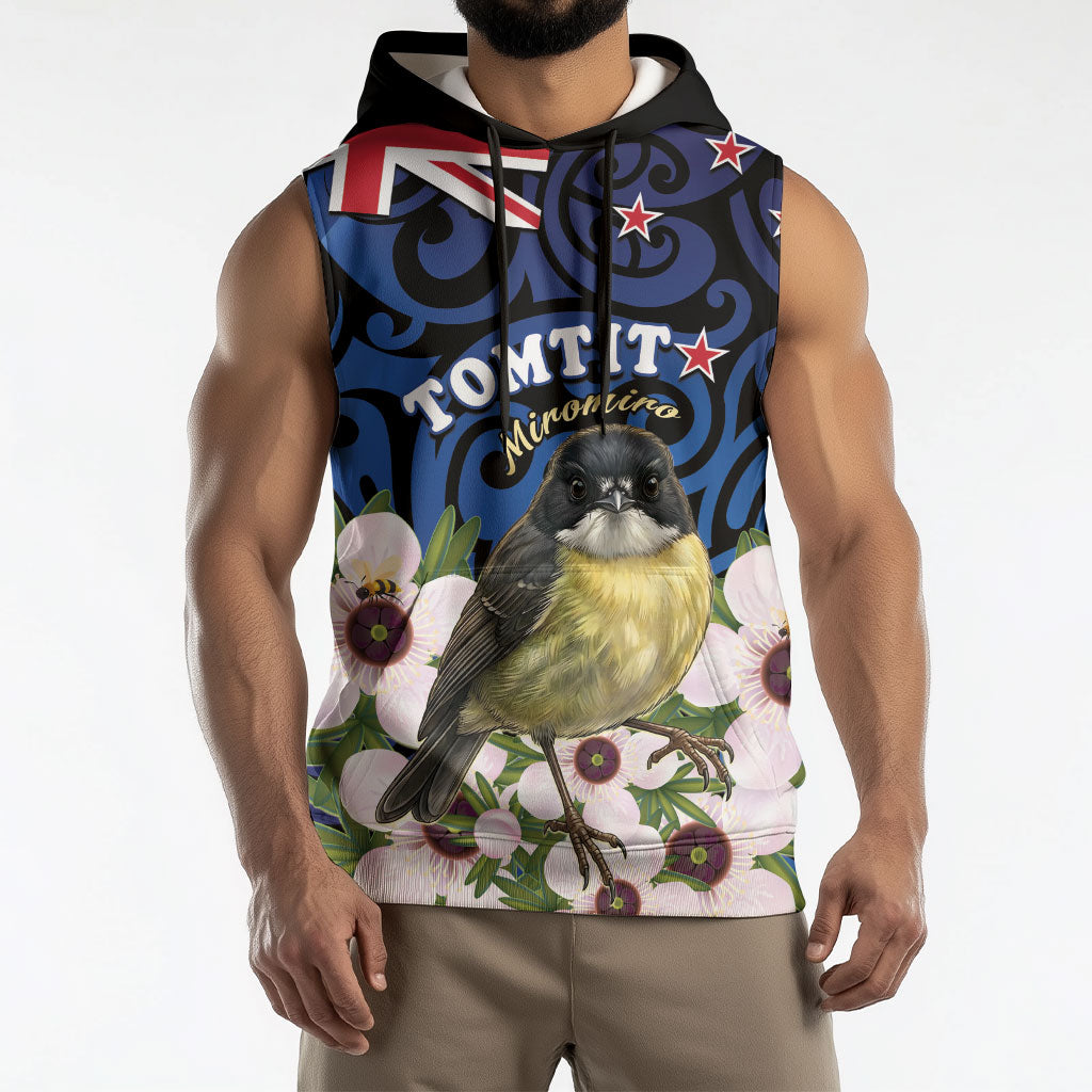 Tomtit New Zealand Personalised Sleeveless Hoodie Miromiro Manuka Flower Maori Pattern