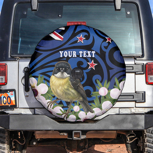 Tomtit New Zealand Personalised Spare Tire Cover Miromiro Manuka Flower Maori Pattern