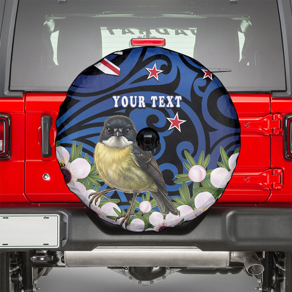 Tomtit New Zealand Personalised Spare Tire Cover Miromiro Manuka Flower Maori Pattern
