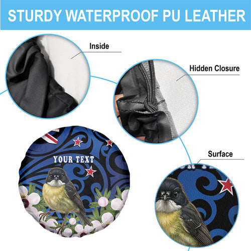 Tomtit New Zealand Personalised Spare Tire Cover Miromiro Manuka Flower Maori Pattern