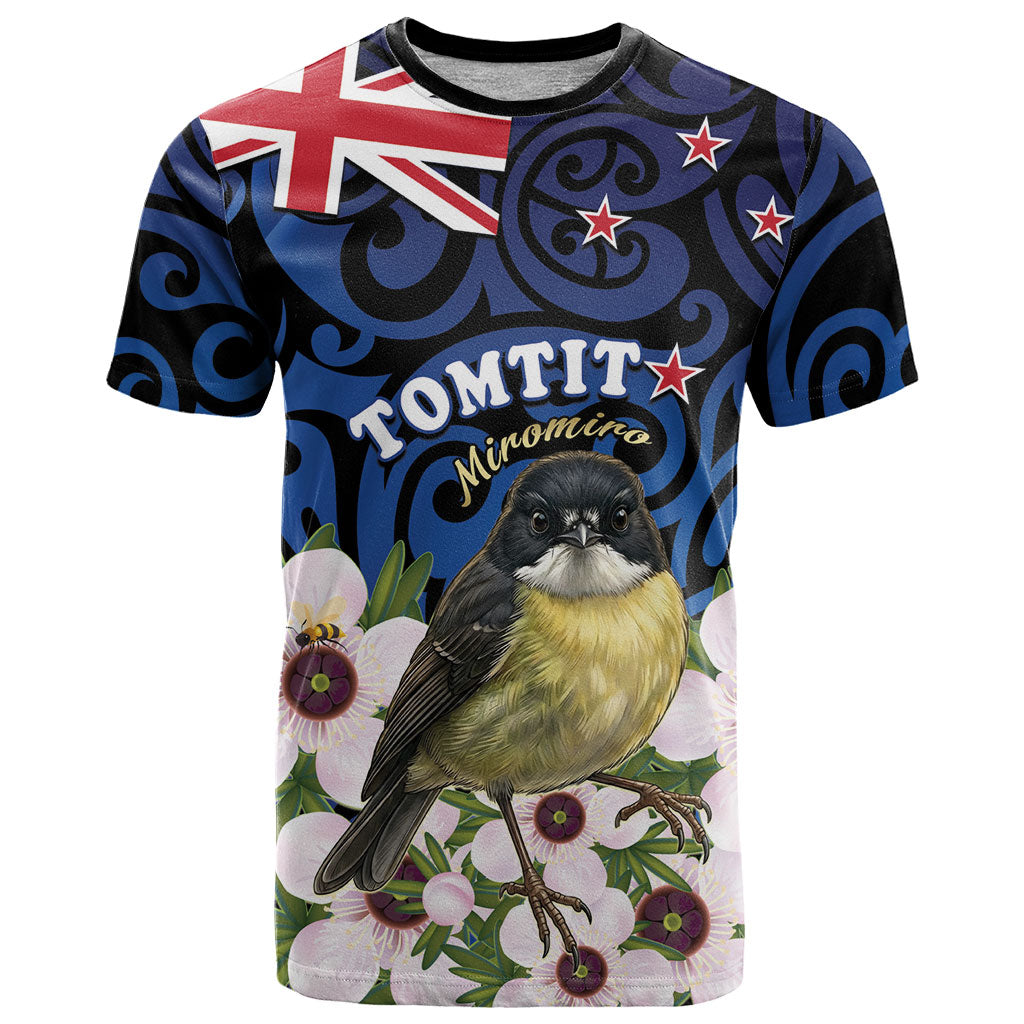 Tomtit New Zealand Personalised T Shirt Miromiro Manuka Flower Maori Pattern