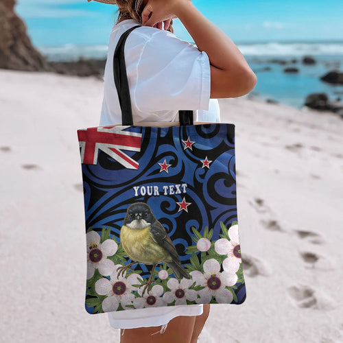 Tomtit New Zealand Personalised Tote Bag Miromiro Manuka Flower Maori Pattern