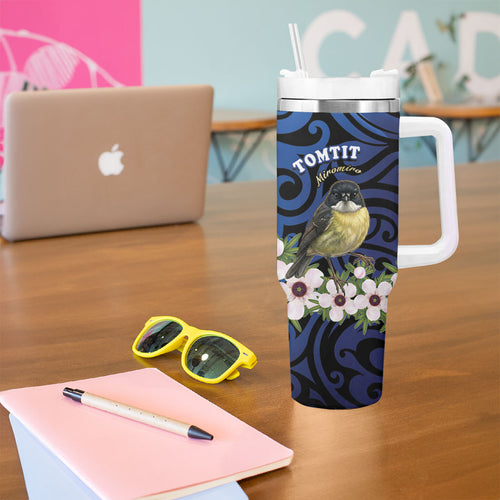 Tomtit New Zealand Personalised Tumbler With Handle Miromiro Manuka Flower Maori Pattern