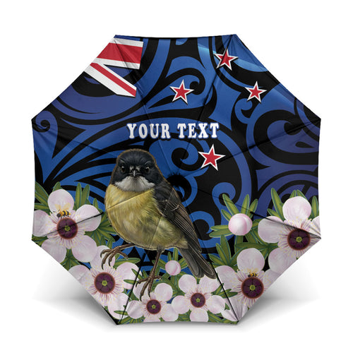 Tomtit New Zealand Personalised Umbrella Miromiro Manuka Flower Maori Pattern