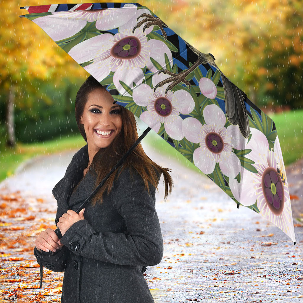 Tomtit New Zealand Personalised Umbrella Miromiro Manuka Flower Maori Pattern