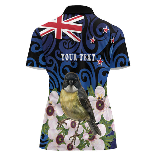 Tomtit New Zealand Personalised Women Polo Shirt Miromiro Manuka Flower Maori Pattern