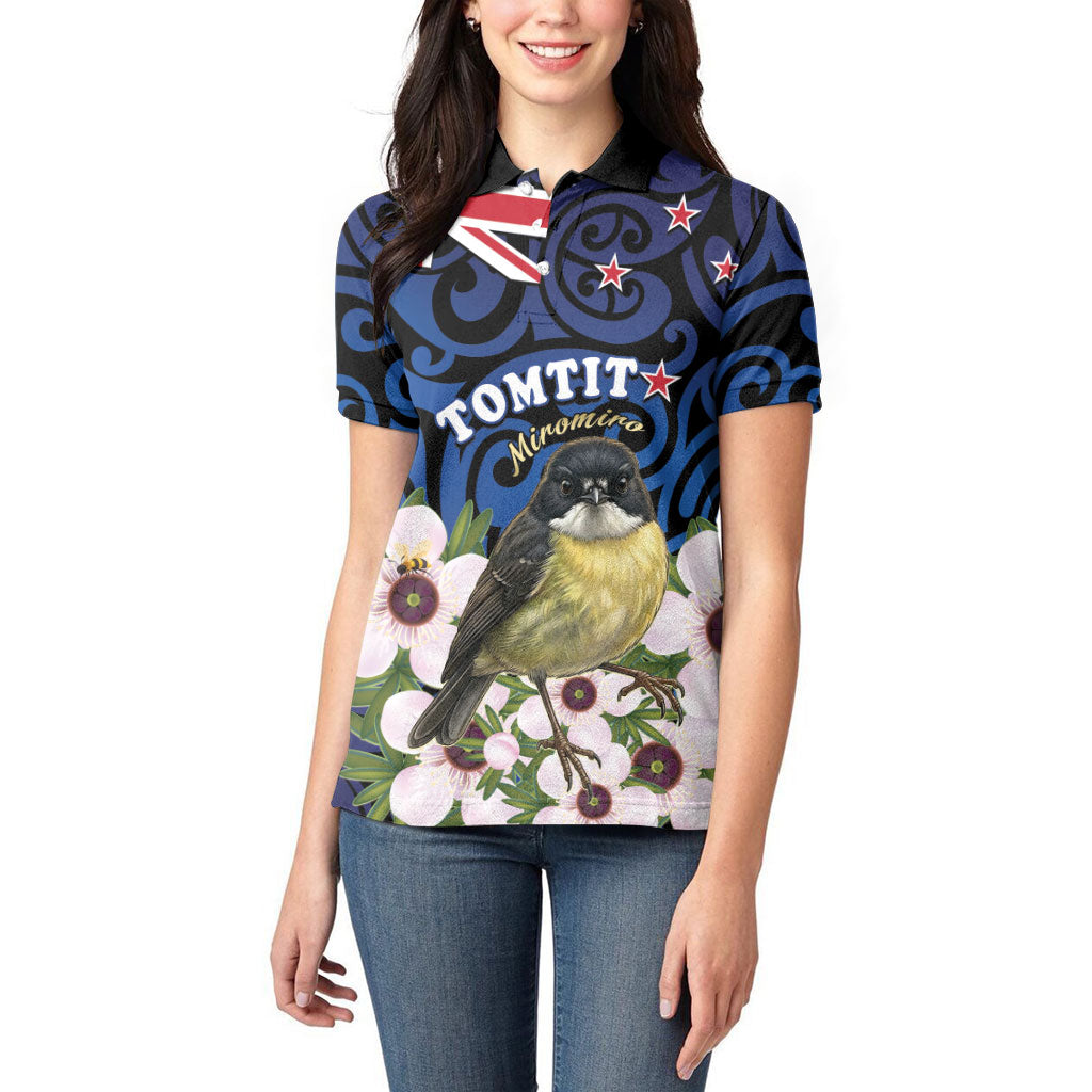 Tomtit New Zealand Personalised Women Polo Shirt Miromiro Manuka Flower Maori Pattern