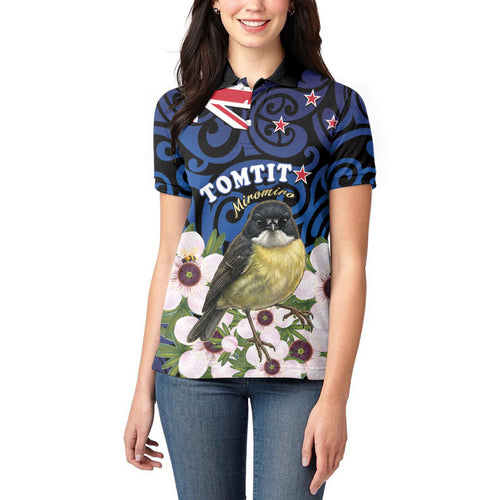 Tomtit New Zealand Personalised Women Polo Shirt Miromiro Manuka Flower Maori Pattern