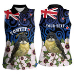 Tomtit New Zealand Personalised Women Sleeveless Polo Shirt Miromiro Manuka Flower Maori Pattern