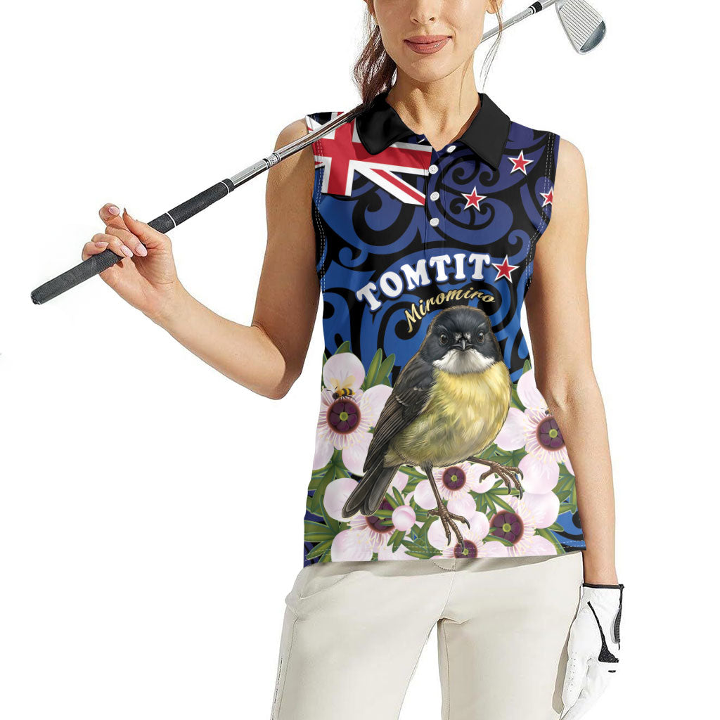 Tomtit New Zealand Personalised Women Sleeveless Polo Shirt Miromiro Manuka Flower Maori Pattern