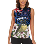 Tomtit New Zealand Personalised Women Sleeveless Polo Shirt Miromiro Manuka Flower Maori Pattern