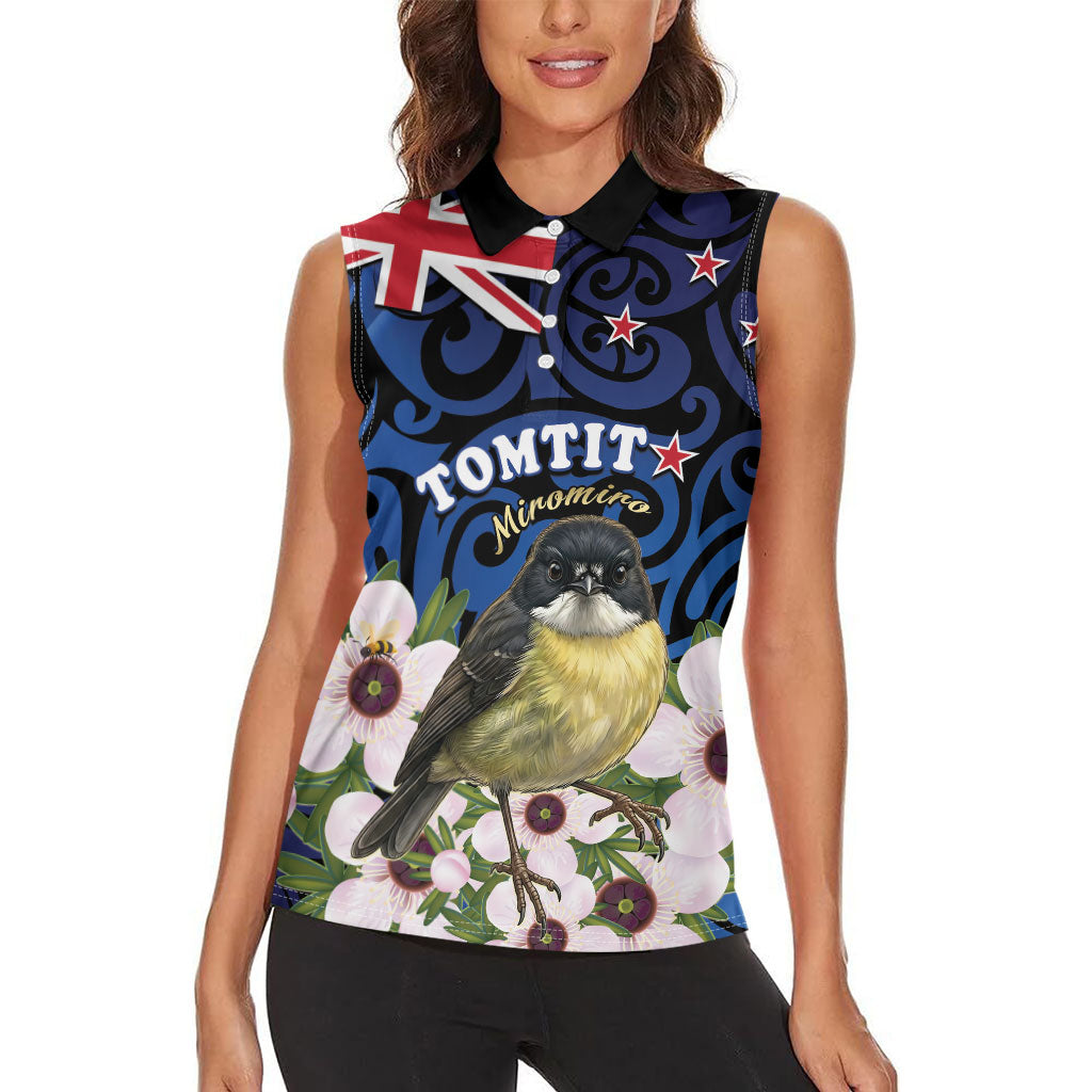 Tomtit New Zealand Personalised Women Sleeveless Polo Shirt Miromiro Manuka Flower Maori Pattern